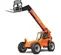 Front angled view of an orange Skytrak telehandler with an extended boom, black forklift attachment and enclosed cabin.