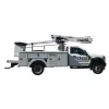 Side view of a white bucket truck featuring a United Rentals Logo with a mounted aerial lift, extendable boom and basket.