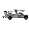 Side view of a white bucket truck featuring a United Rentals Logo with a mounted aerial lift, extendable boom and basket.