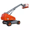 Side angled view of orange and gray Skyjack boom lift with extended arm and basket.