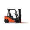 Side view of an orange and black Toyota warehouse forklift with a black mast, orange forks and an open cabin.