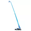 Wide side view of a blue Genie boom lift with extended arm and basket.