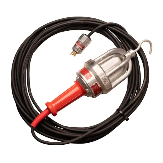 Red and silver Worksite Drop Light, 110V, Explosion Proof, Electric Powered