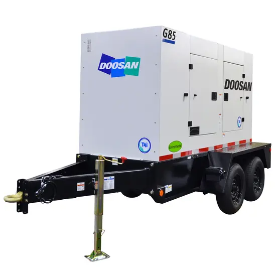 White and black DOOSAN 65-70 kW Towable Generator, Tier 4 Diesel