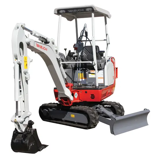 White and red Takeuchi mini excavator