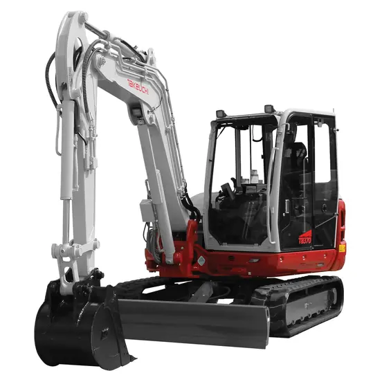 Red and white Takeuchi Mini Excavator with Reduced Tail Swing