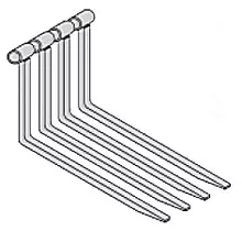 Front view of a grey forklift fork attachment with four metal forks extended.